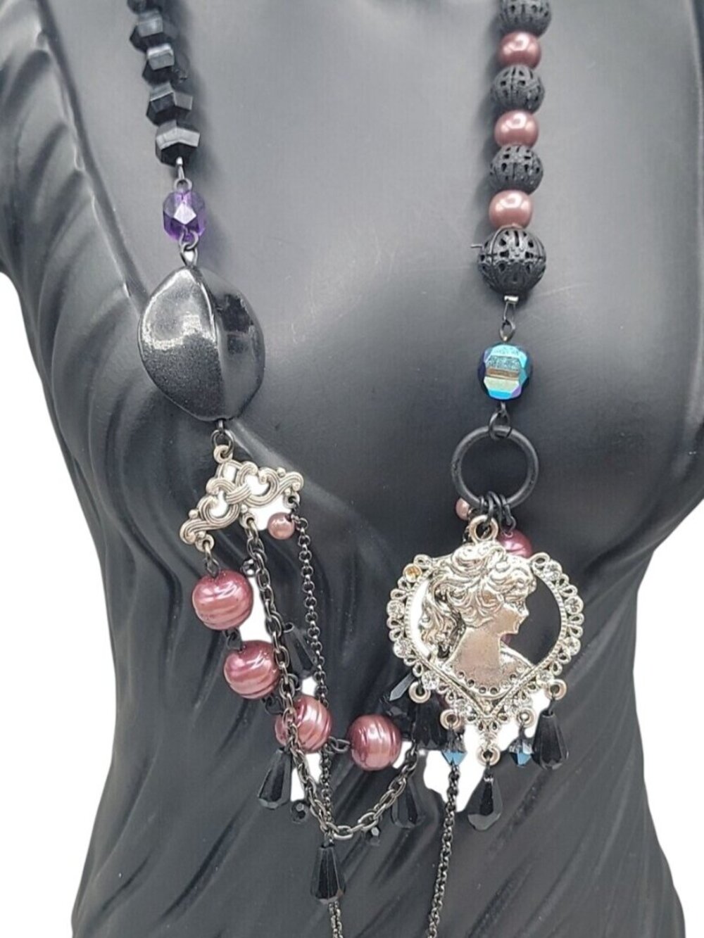 Vintage Art Deco Faux Pearl Multistrand Layered Rhinestone Beaded Chain Necklace - Picture 2 of 13